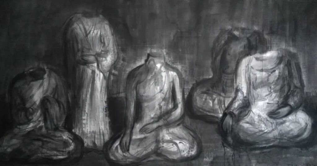Zhang Qiongfei, Cinq bouddhas 五佛, Encre de chine sur toile, 140 x 270 cm