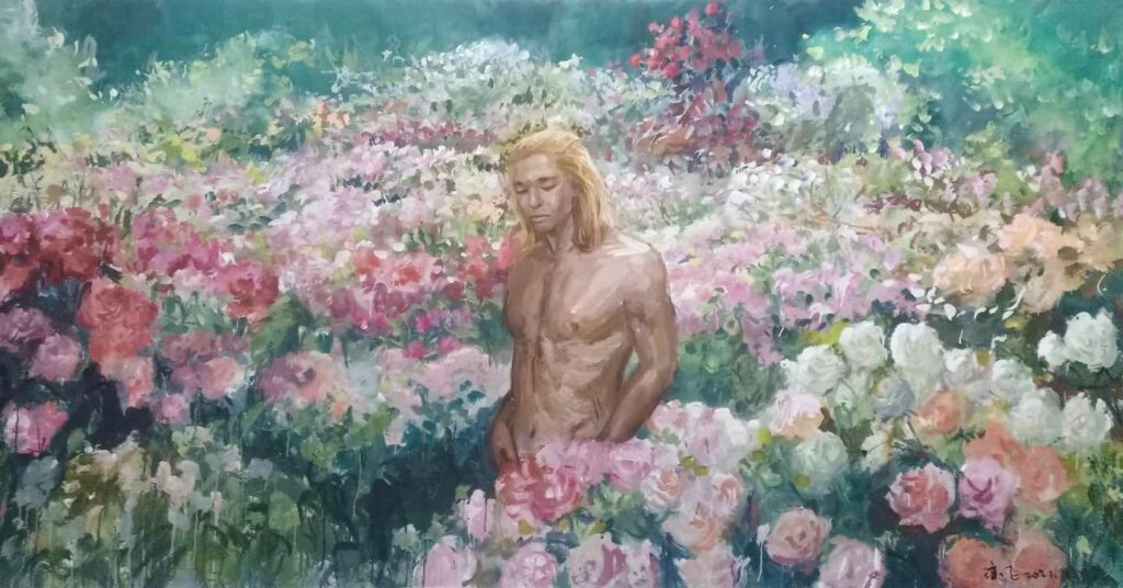 Zhang Qiongfei, Jardin de rosiers 正午的玫瑰园, Acrylique sur toile, 140 x 283 cm
